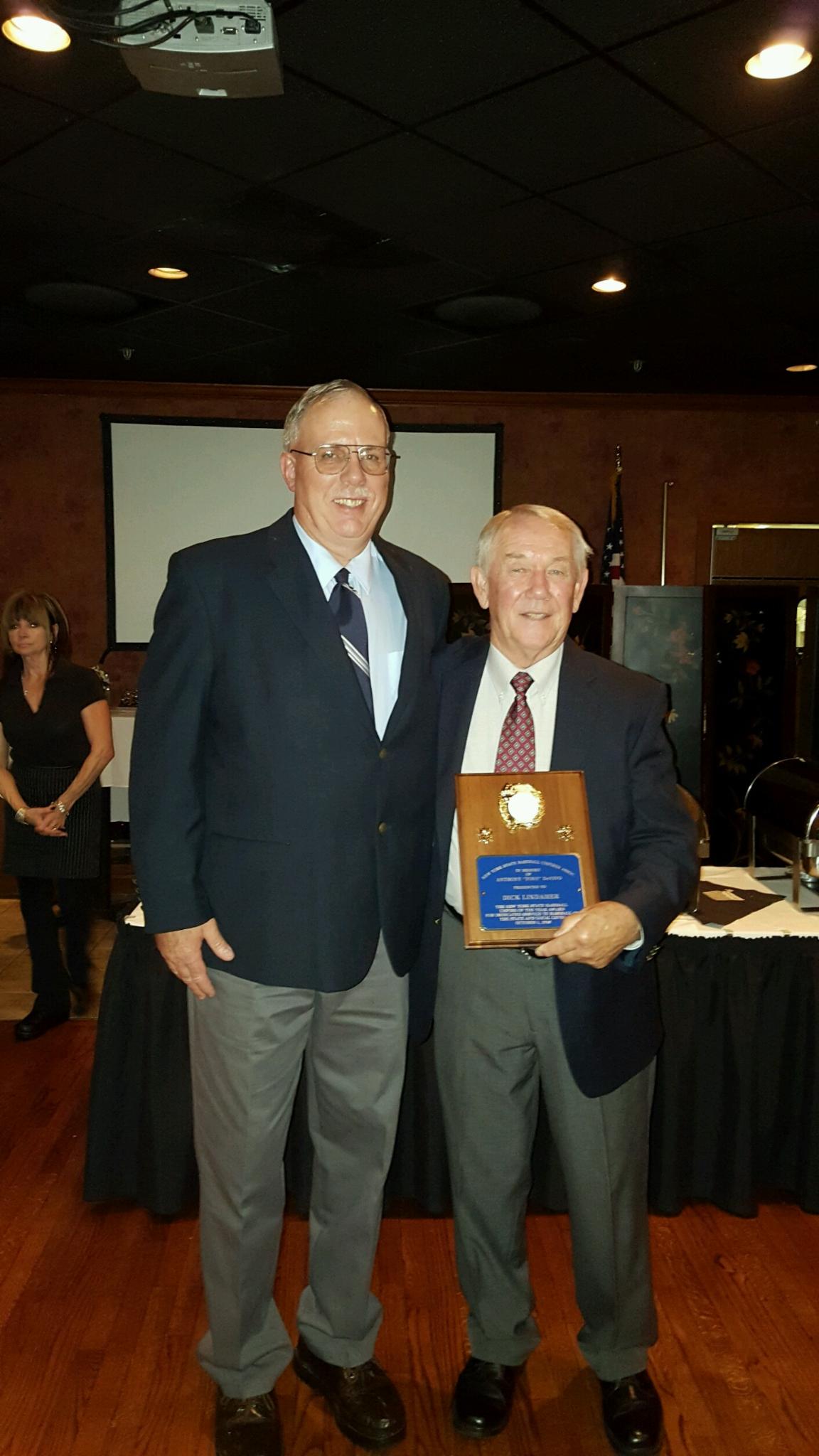 Allegany Co. Chapter President Tom Hanbach congratulates 2016 award winner Dick Lindemeyer.