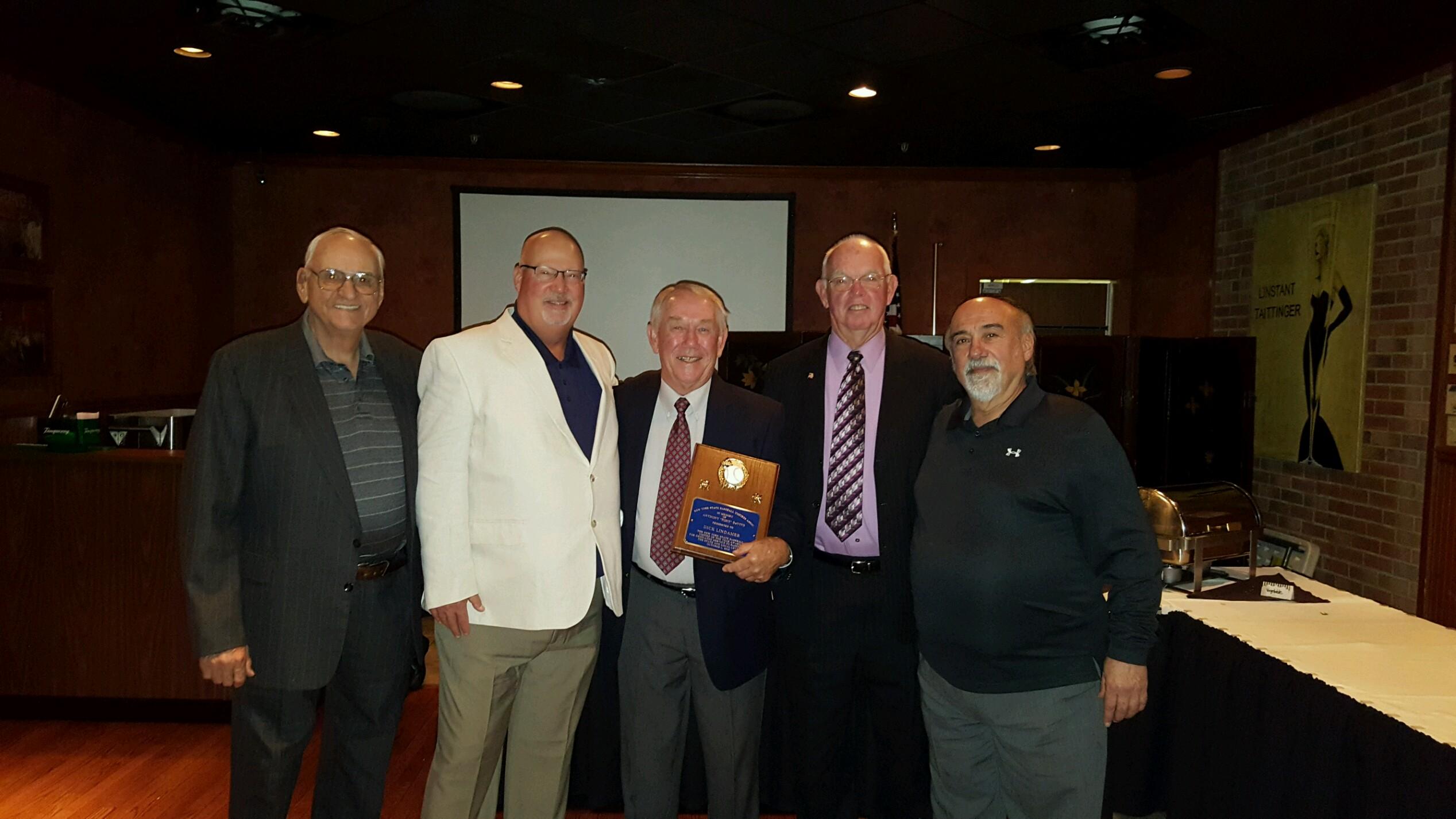 On Saturday, October 1, the 2016 Anthony “Tony” DeVivo Award was presented to Richard “Dick” Lindemeyer, center. Other Past awards winners in attendance were, Robert Lang, left; Warren Bumpus, Dick, Joe Grady and Ron Gabriel.